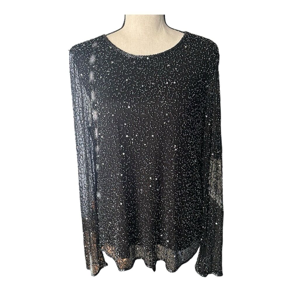 Vintage Fashion Bug Black Beaded Sequin Sheer Top XL Party Blouse 90s Y2K